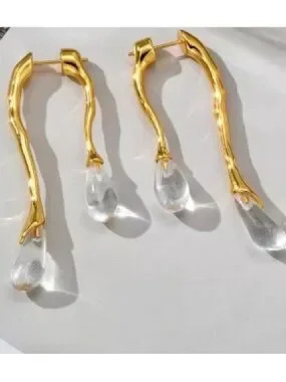Gold Branch Earrings with Clear Teardrops